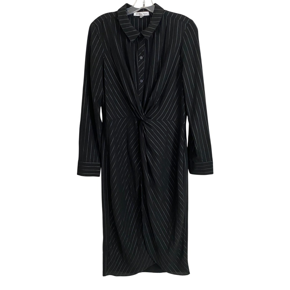 BCBGeneration Womens Pinstripe Twist Front Shirt Dress Black Silver Midi Medium